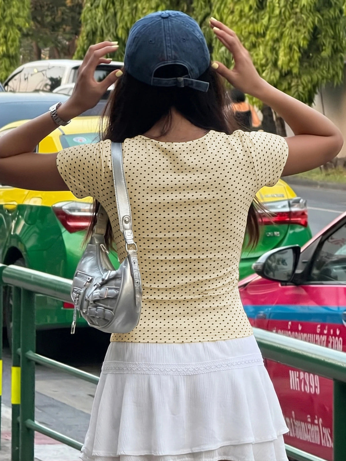 Polka Dot Print V Neck Top