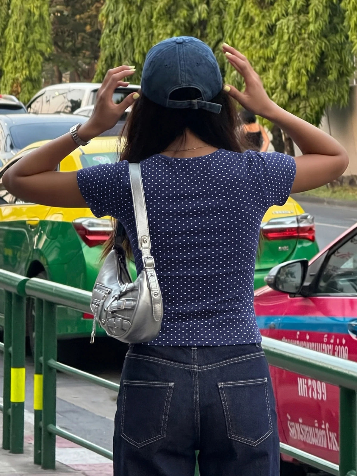 Polka Dot Print V Neck Top