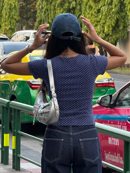 Polka Dot Print V Neck Top
